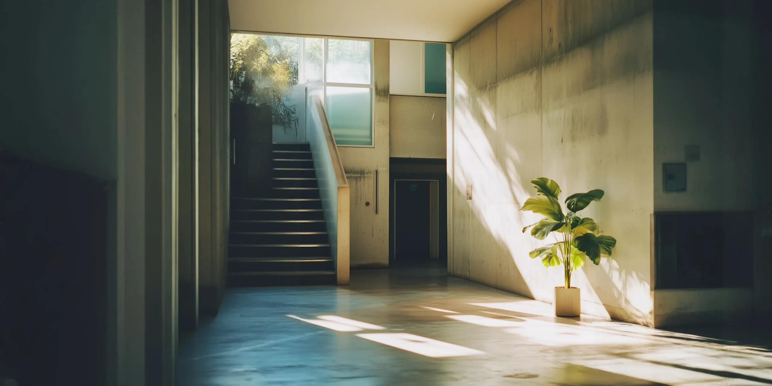 Bright indoor hallway with a concrete stair, sunlit wall, and a potted plant in the foreground